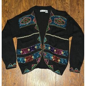 Vtg Sequin Beaded Silk Blend Cardigan Sweater Women's L Cristina‎ Black Holiday